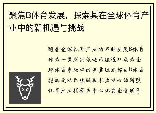 聚焦B体育发展，探索其在全球体育产业中的新机遇与挑战